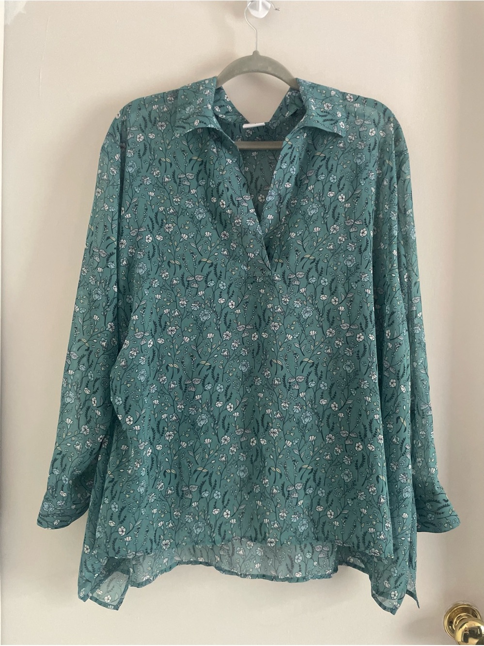 CAbi Floral Popover Blouse Sheer Teal Long Sleeve Collared Top M EUC